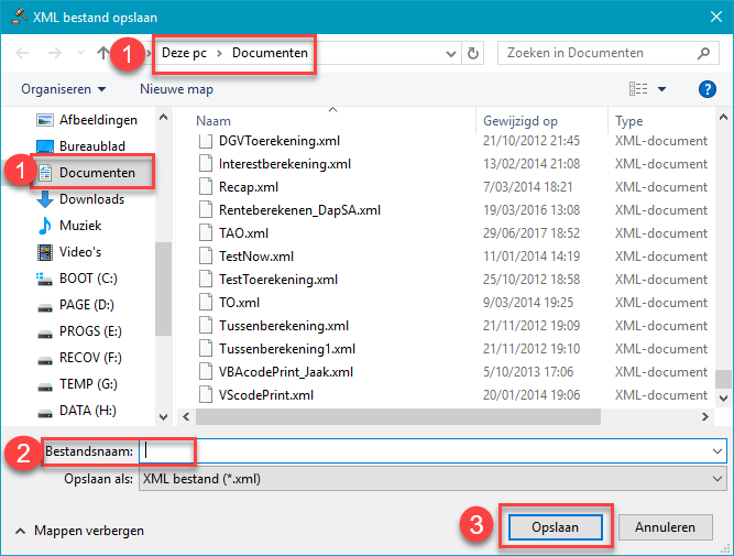 Dialoogvenster "XML bestand opslaan" (1) locatie(map) kiezen (2) bestandsnaam kiezen (3) klikken op Opslaan.