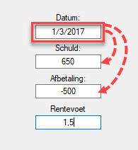 Schuld en afbetaling op dezelfde datum.